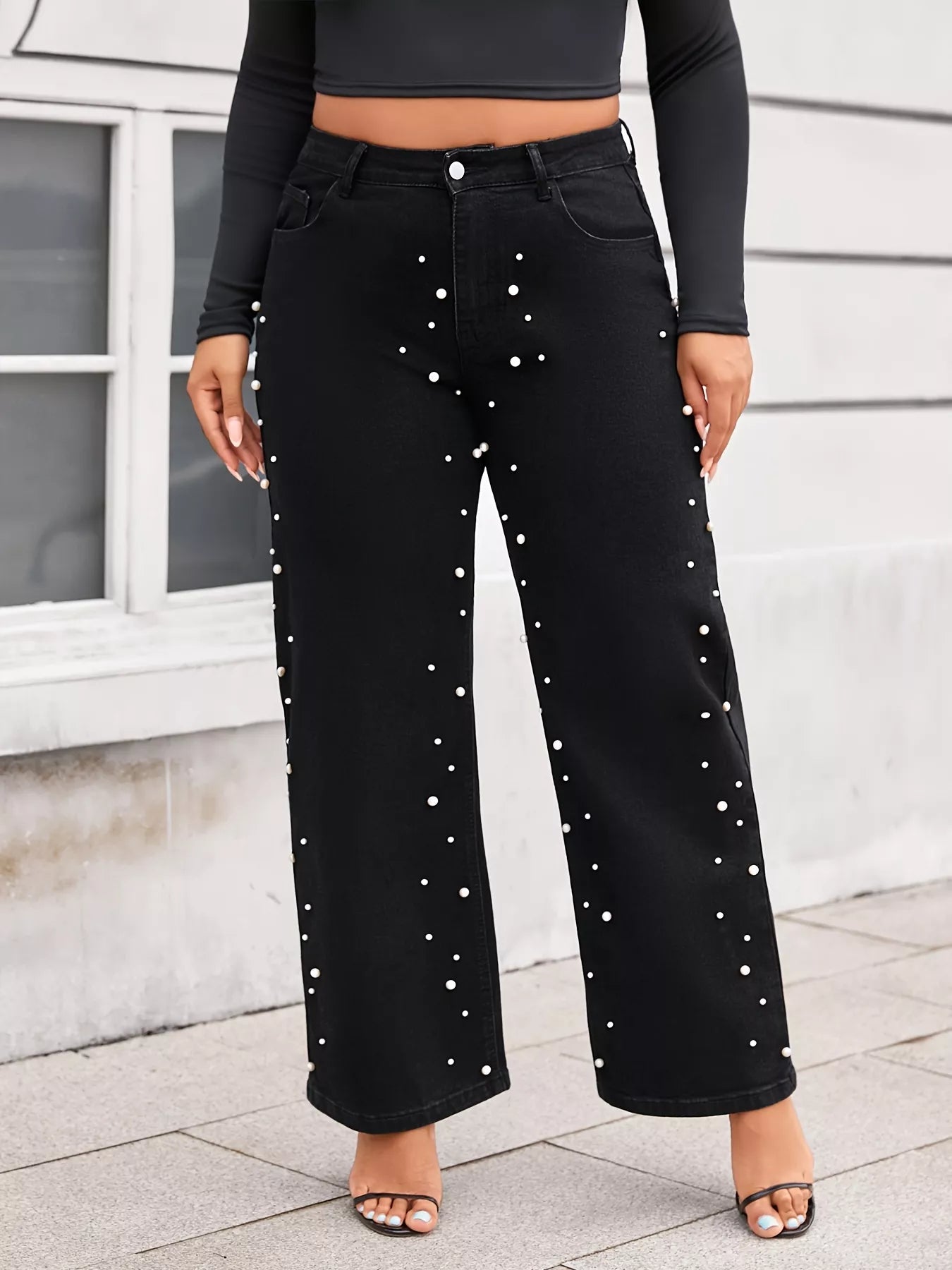 Plus Size Pearl Embellished Wide Leg Jeans - Flip Flop Dynasty
