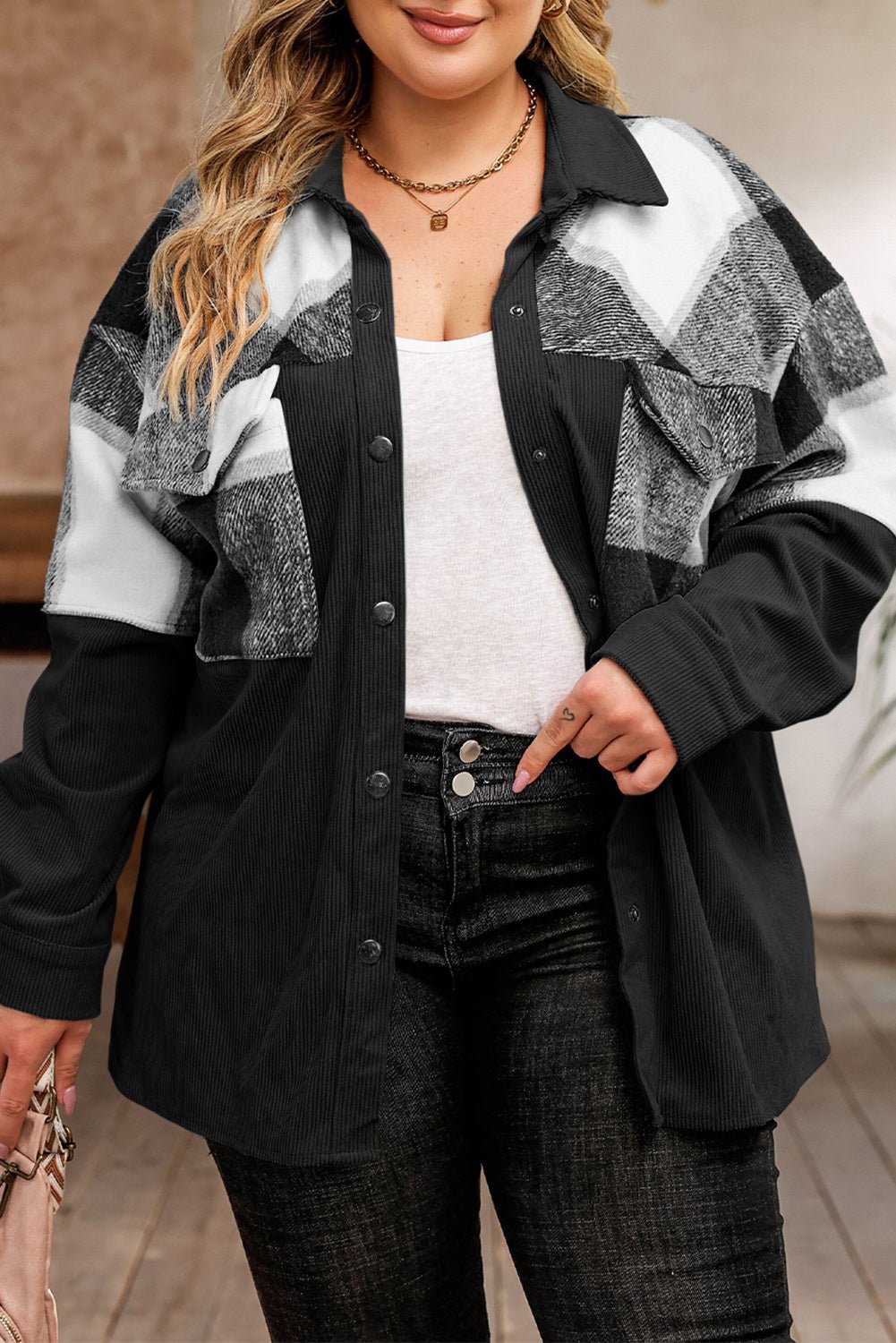 Plus Size Plaid Snap Down Jacket with Pockets - Flip Flop Dynasty
