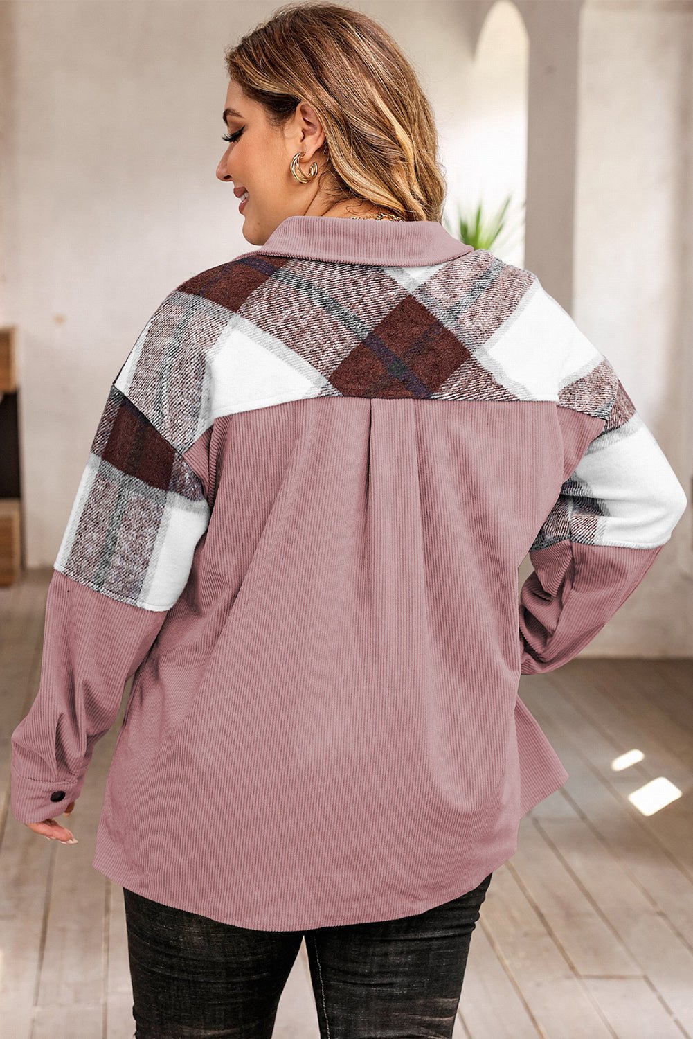 Plus Size Plaid Snap Down Jacket with Pockets - Flip Flop Dynasty