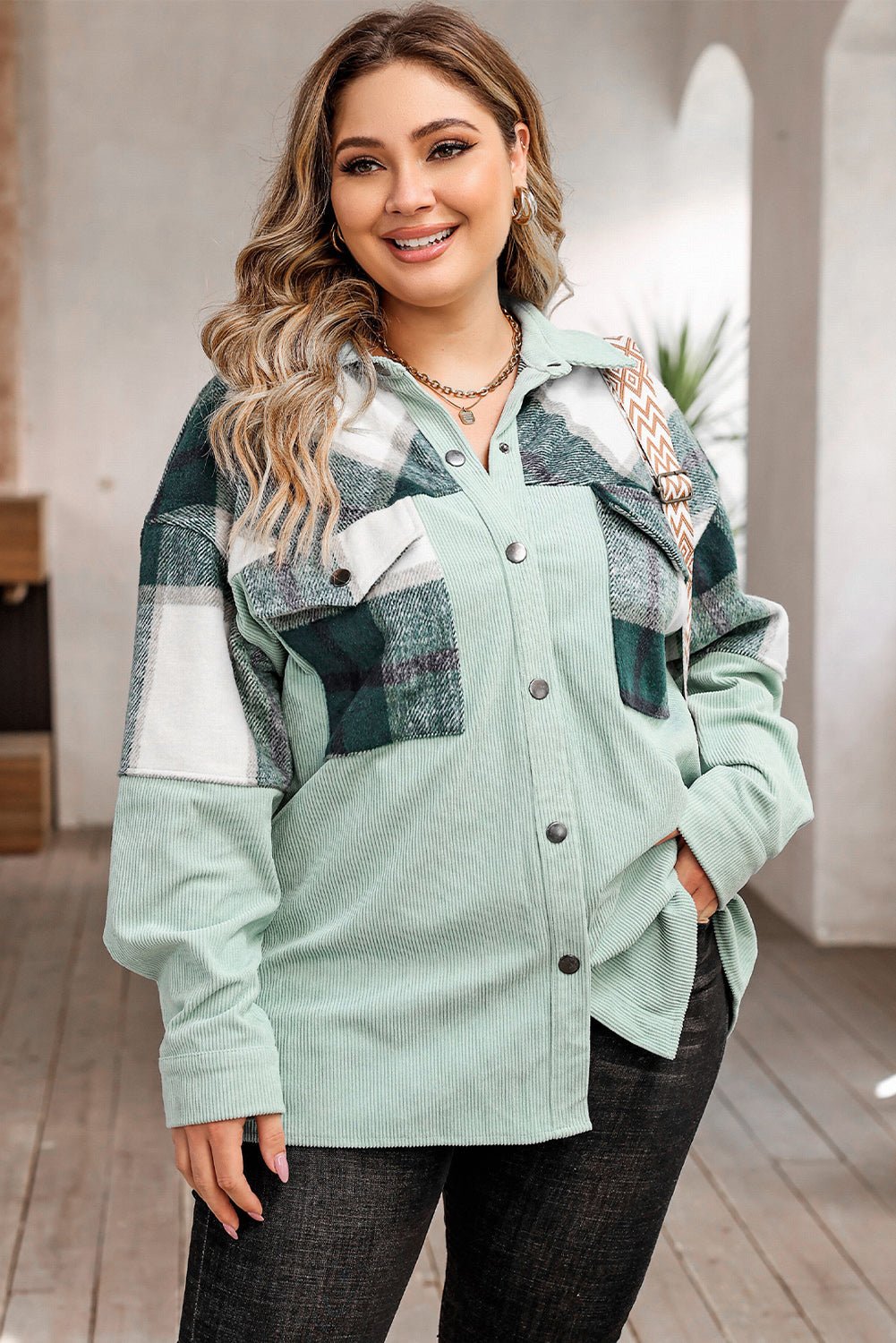 Plus Size Plaid Snap Down Jacket with Pockets - Flip Flop Dynasty