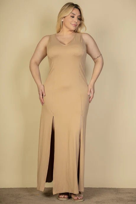 Plus Size Plunge Neck Thigh Split Maxi Dress - Flip Flop Dynasty