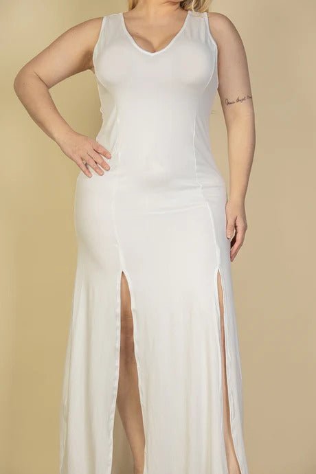 Plus Size Plunge Neck Thigh Split Maxi Dress - Flip Flop Dynasty