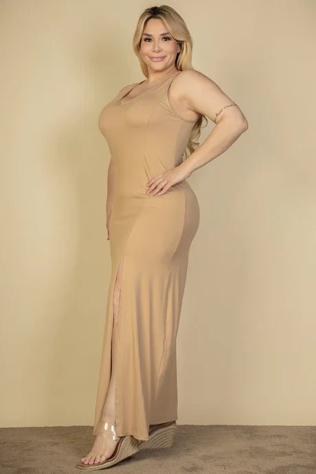 Plus Size Plunge Neck Thigh Split Maxi Dress - Flip Flop Dynasty