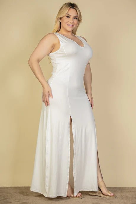 Plus Size Plunge Neck Thigh Split Maxi Dress - Flip Flop Dynasty