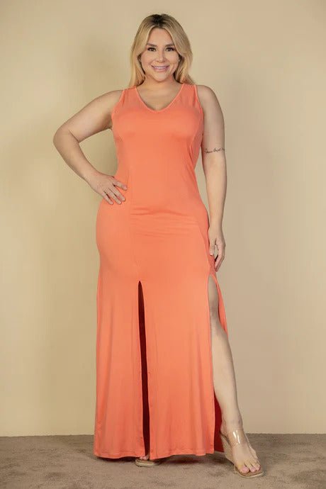 Plus Size Plunge Neck Thigh Split Maxi Dress - Flip Flop Dynasty