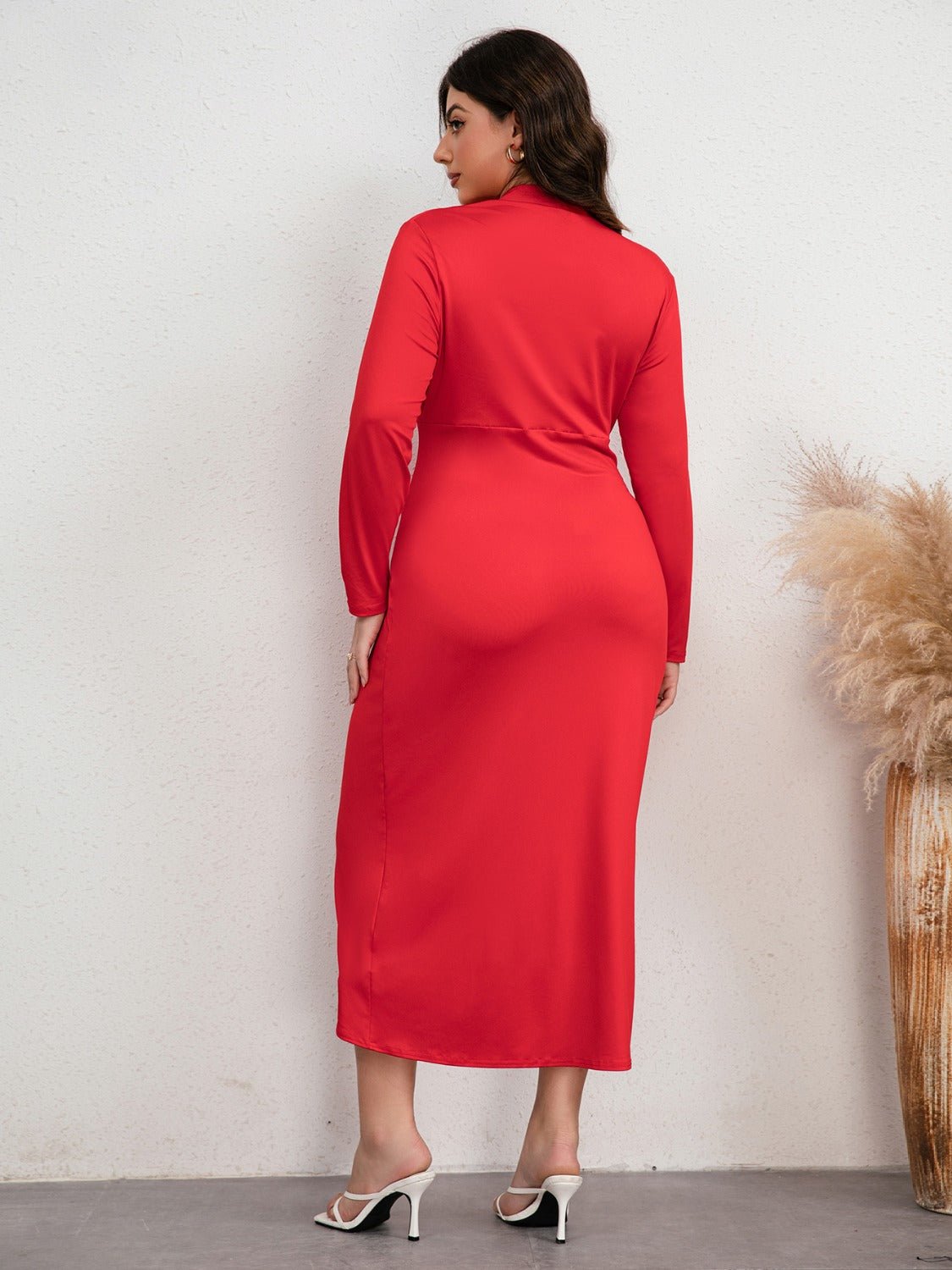 Plus Size Plunge Ruched Slit Dress - Flip Flop Dynasty