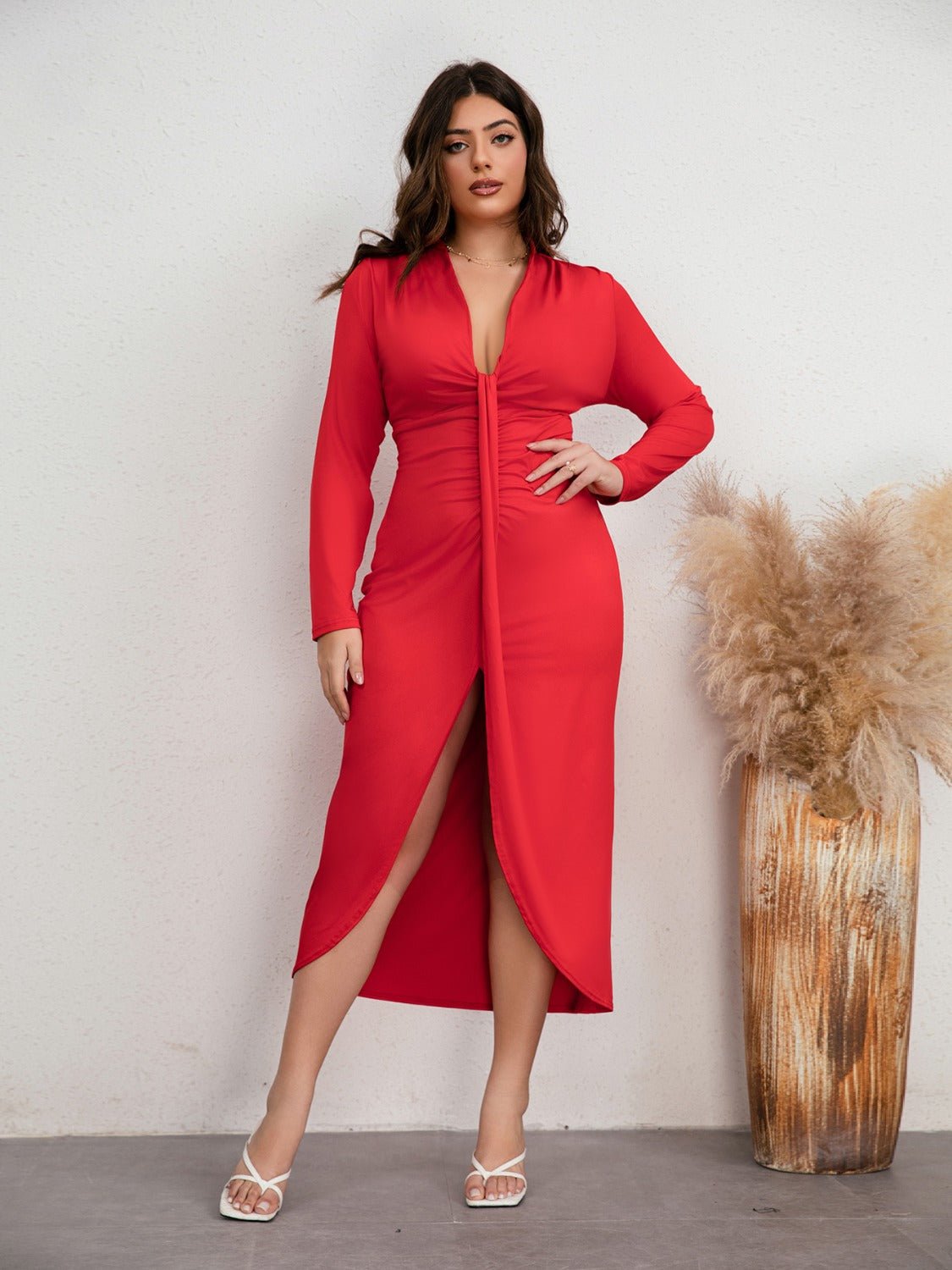 Plus Size Plunge Ruched Slit Dress - Flip Flop Dynasty
