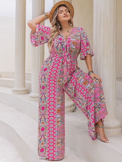 Plus Size Printed Half Sleeve Wide Leg Jumpsuit - Flip Flop Dynasty