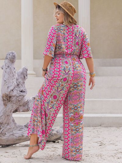 Plus Size Printed Half Sleeve Wide Leg Jumpsuit - Flip Flop Dynasty
