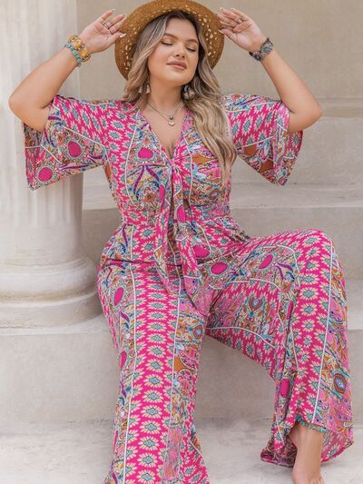 Plus Size Printed Half Sleeve Wide Leg Jumpsuit - Flip Flop Dynasty