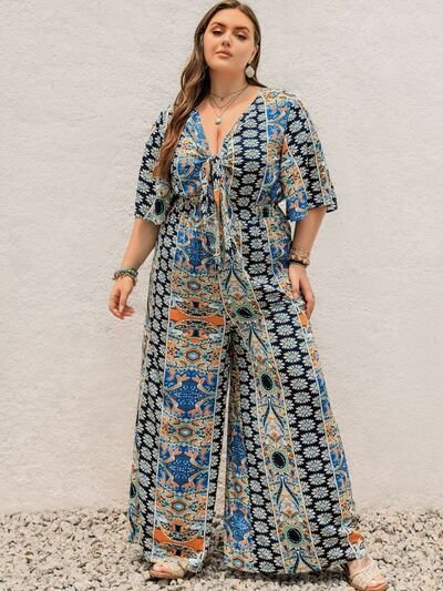 Plus Size Printed Half Sleeve Wide Leg Jumpsuit - Flip Flop Dynasty