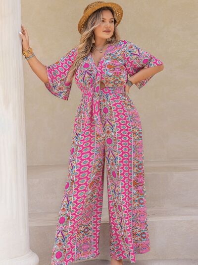 Plus Size Printed Half Sleeve Wide Leg Jumpsuit - Flip Flop Dynasty
