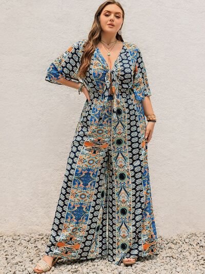 Plus Size Printed Half Sleeve Wide Leg Jumpsuit - Flip Flop Dynasty