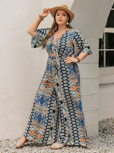 Plus Size Printed Half Sleeve Wide Leg Jumpsuit - Flip Flop Dynasty