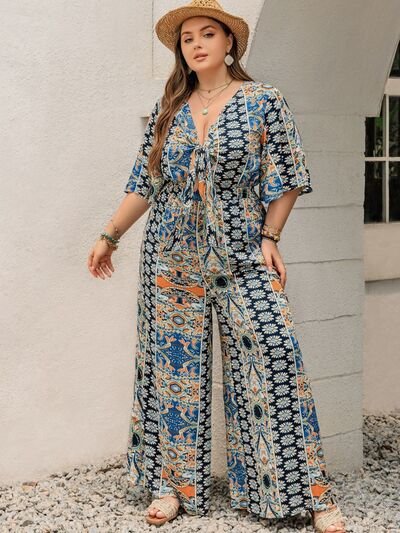 Plus Size Printed Half Sleeve Wide Leg Jumpsuit - Flip Flop Dynasty