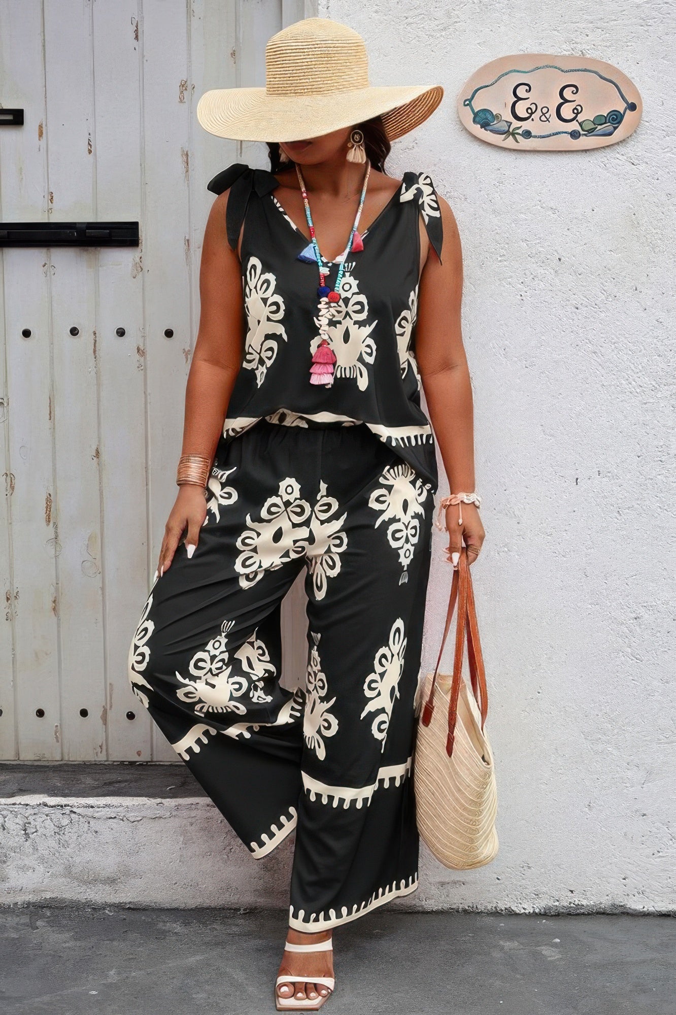 Plus Size Printed Knot Shoulder Wide Leg Sets - Flip Flop Dynasty