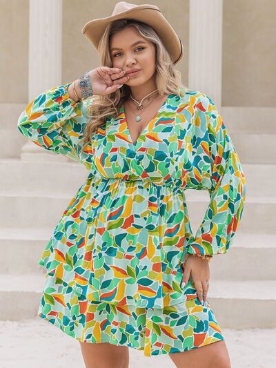 Plus Size Printed Surplice Long Sleeve Mini Dress - Flip Flop Dynasty