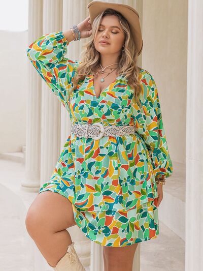 Plus Size Printed Surplice Long Sleeve Mini Dress - Flip Flop Dynasty