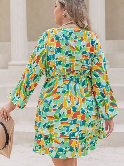 Plus Size Printed Surplice Long Sleeve Mini Dress - Flip Flop Dynasty