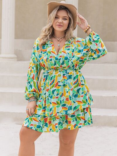 Plus Size Printed Surplice Long Sleeve Mini Dress - Flip Flop Dynasty
