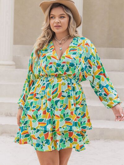 Plus Size Printed Surplice Long Sleeve Mini Dress - Flip Flop Dynasty