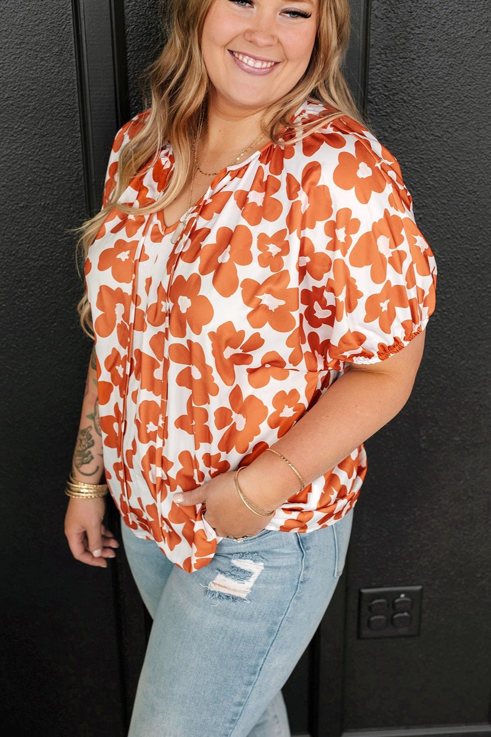 Plus Size Printed Tie Neck Short Sleeve Blouse - Flip Flop Dynasty