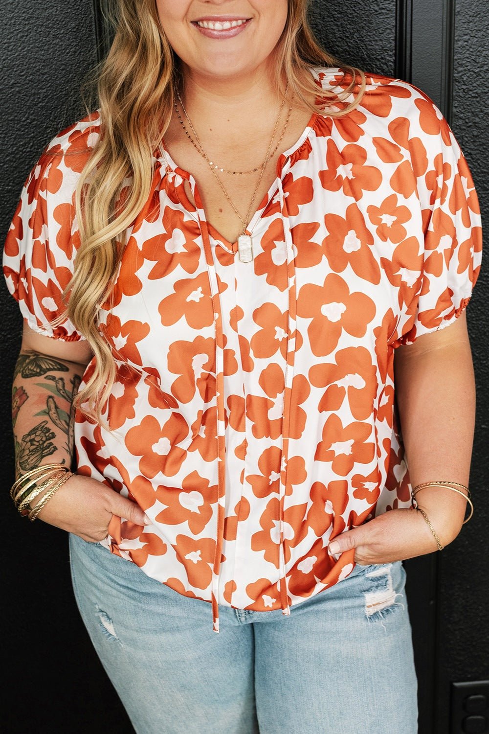 Plus Size Printed Tie Neck Short Sleeve Blouse - Flip Flop Dynasty