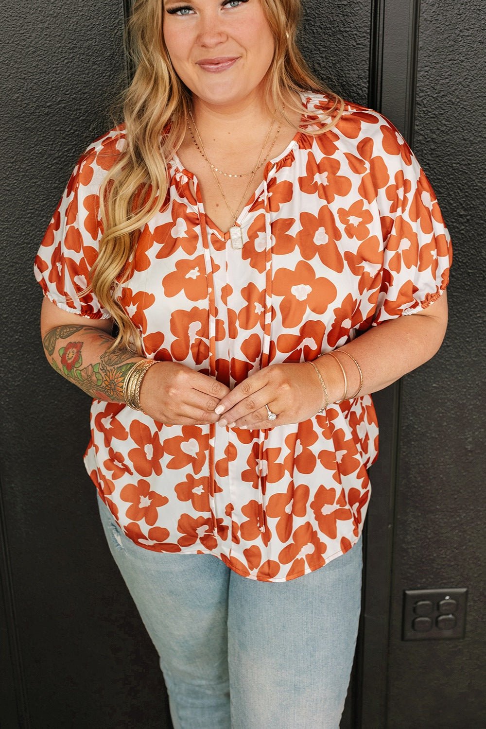 Plus Size Printed Tie Neck Short Sleeve Blouse - Flip Flop Dynasty