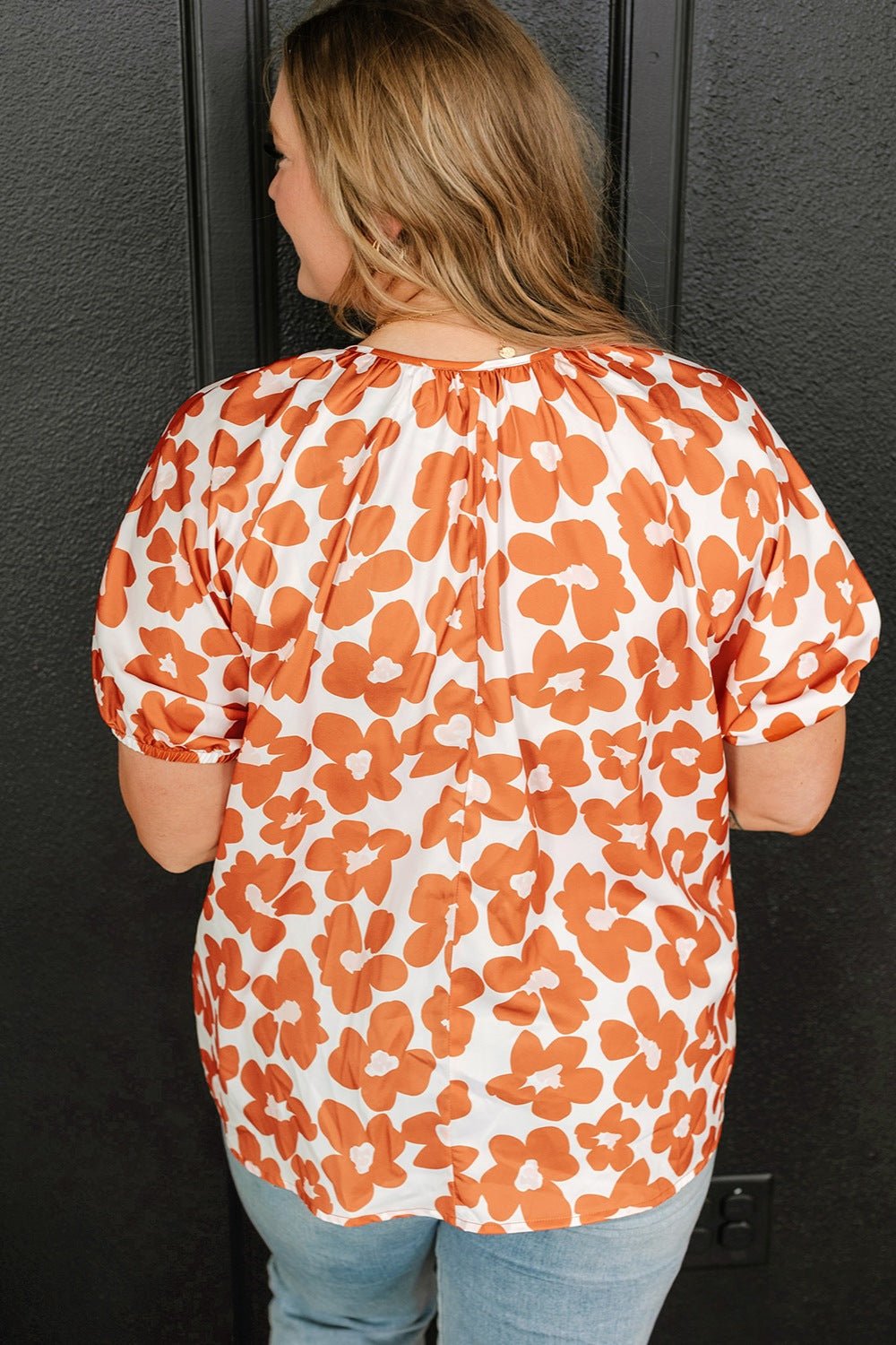 Plus Size Printed Tie Neck Short Sleeve Blouse - Flip Flop Dynasty