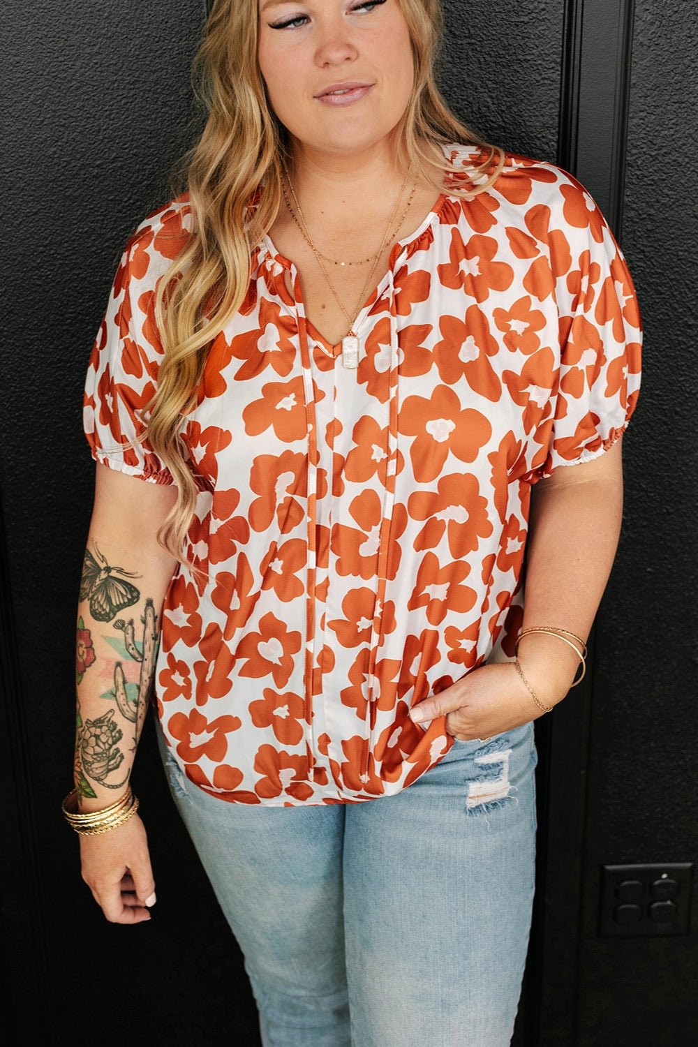 Plus Size Printed Tie Neck Short Sleeve Blouse - Flip Flop Dynasty