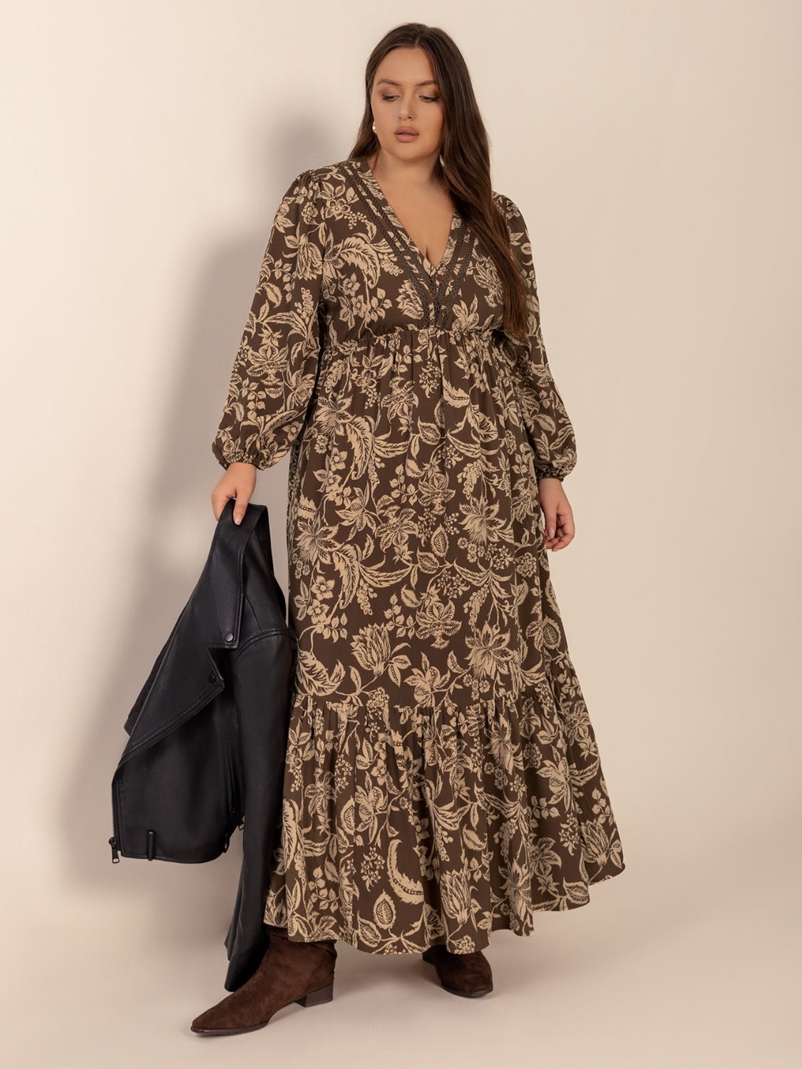 Plus Size Printed V - Neck Balloon Sleeve Maxi Dress - Flip Flop Dynasty