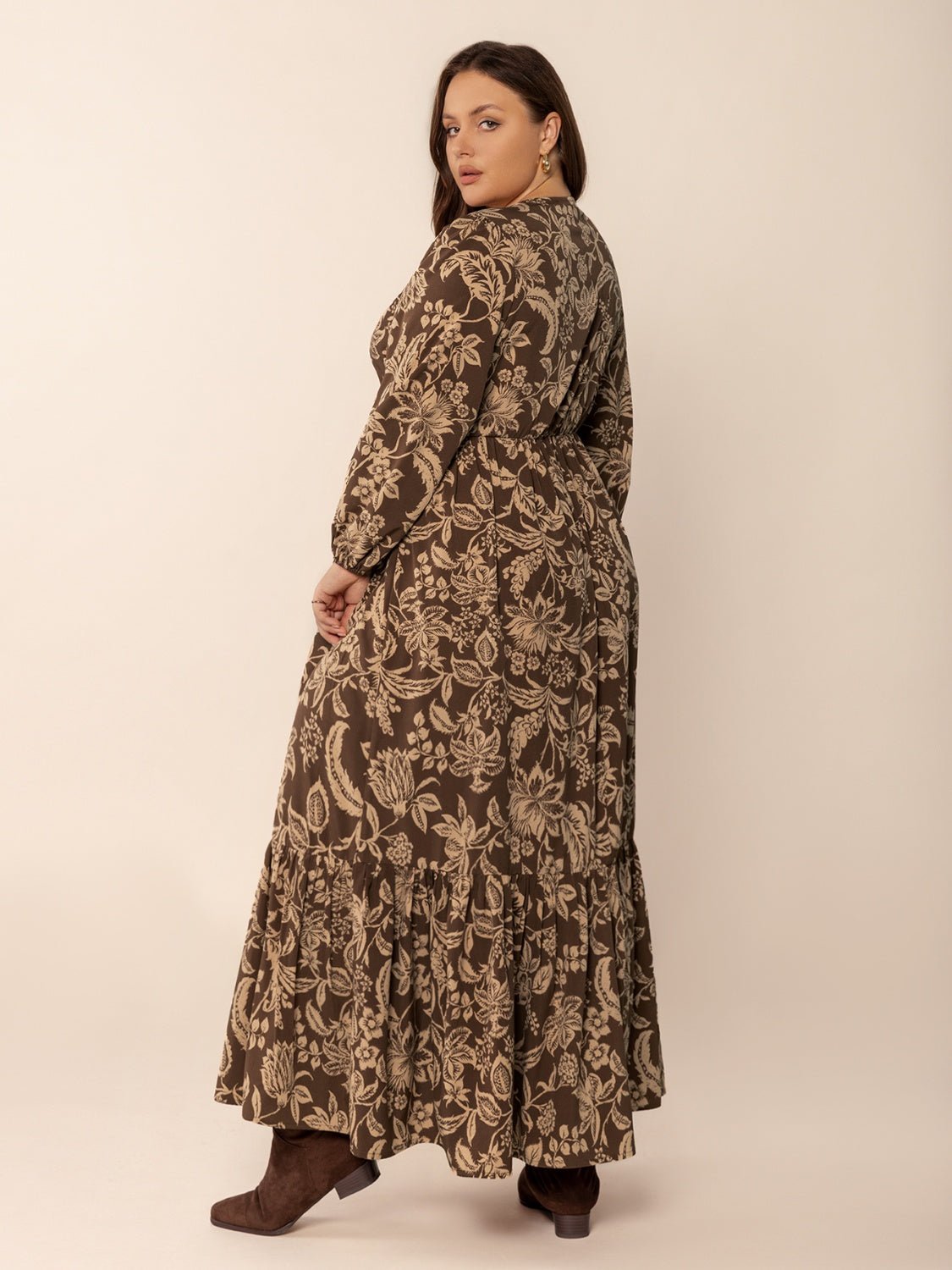 Plus Size Printed V - Neck Balloon Sleeve Maxi Dress - Flip Flop Dynasty