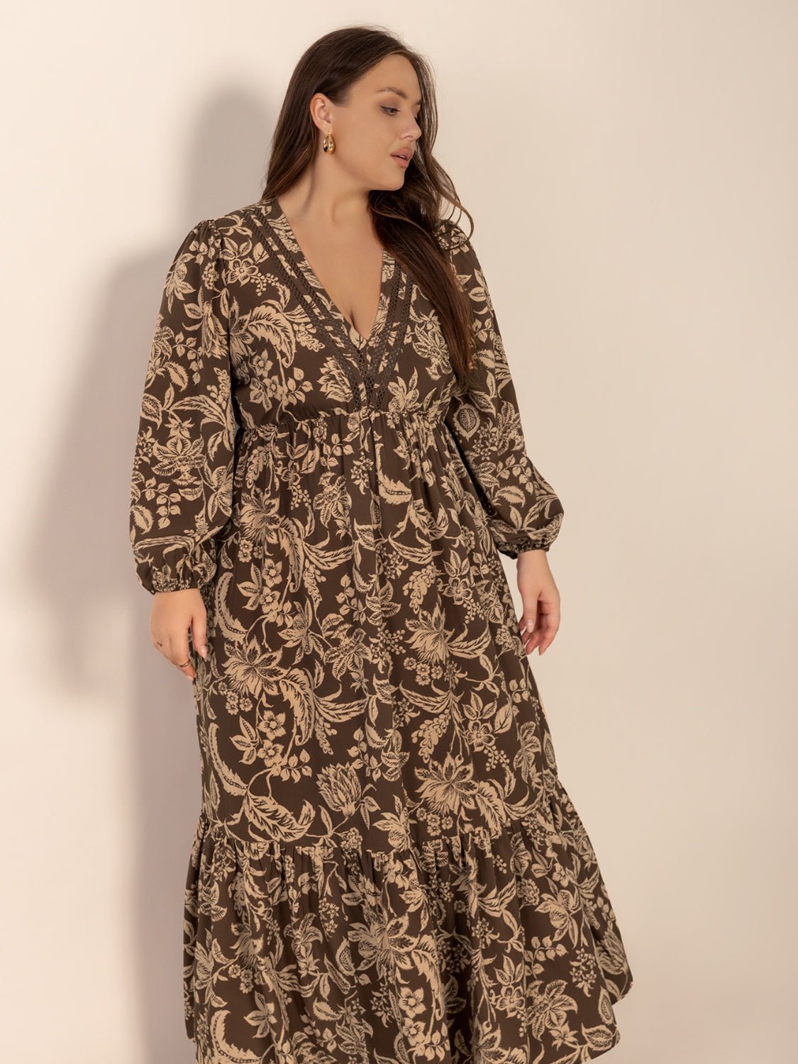 Plus Size Printed V - Neck Balloon Sleeve Maxi Dress - Flip Flop Dynasty