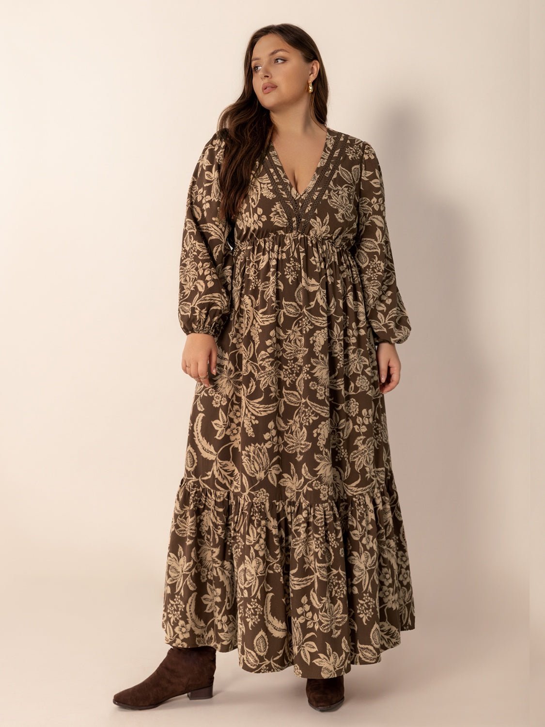 Plus Size Printed V - Neck Balloon Sleeve Maxi Dress - Flip Flop Dynasty