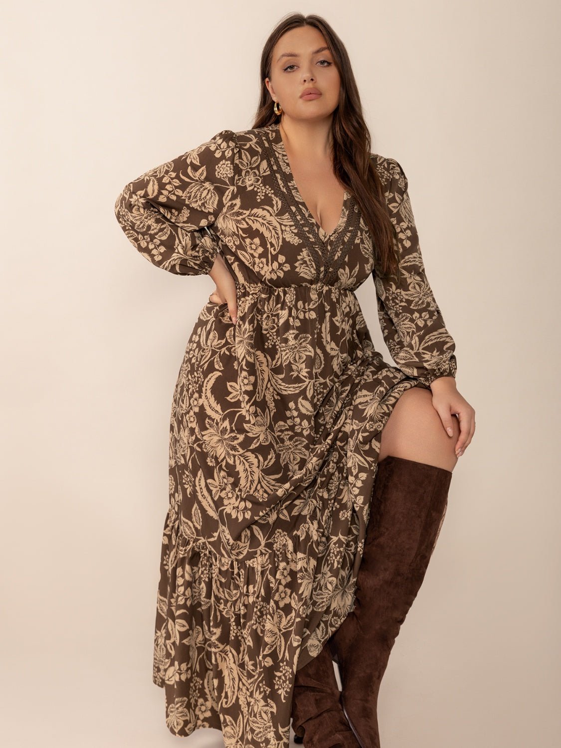 Plus Size Printed V - Neck Balloon Sleeve Maxi Dress - Flip Flop Dynasty