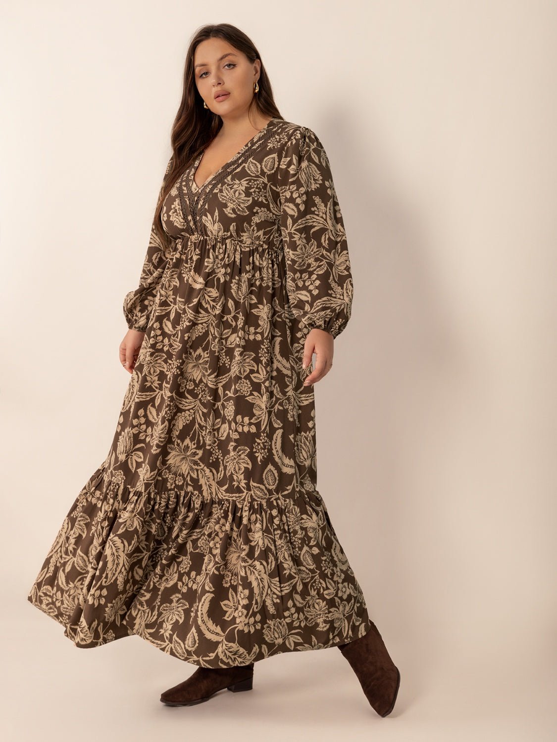 Plus Size Printed V - Neck Balloon Sleeve Maxi Dress - Flip Flop Dynasty