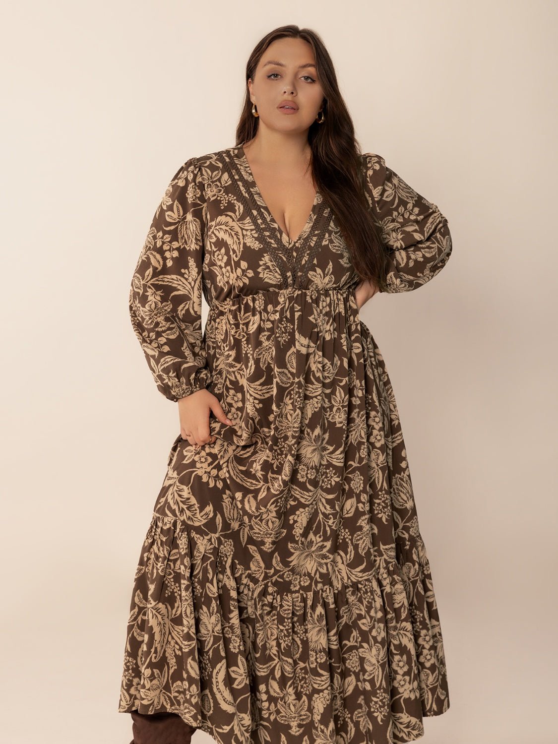 Plus Size Printed V - Neck Balloon Sleeve Maxi Dress - Flip Flop Dynasty