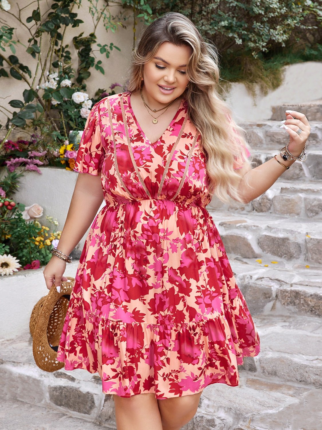 Plus Size Printed V - Neck Flutter Sleeve Dress - Flip Flop Dynasty