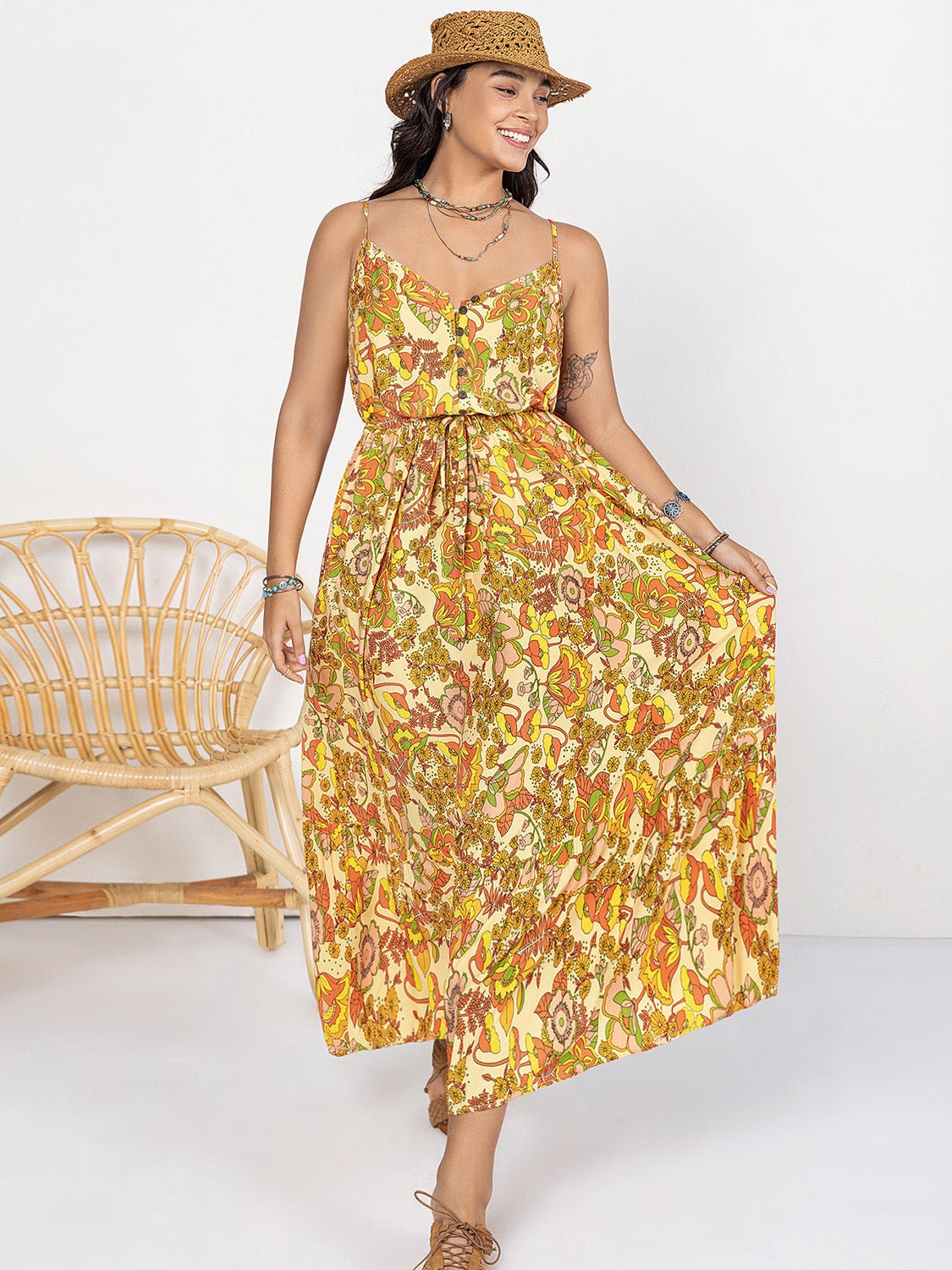 Plus Size Printed V - Neck Maxi Cami Dress - Flip Flop Dynasty