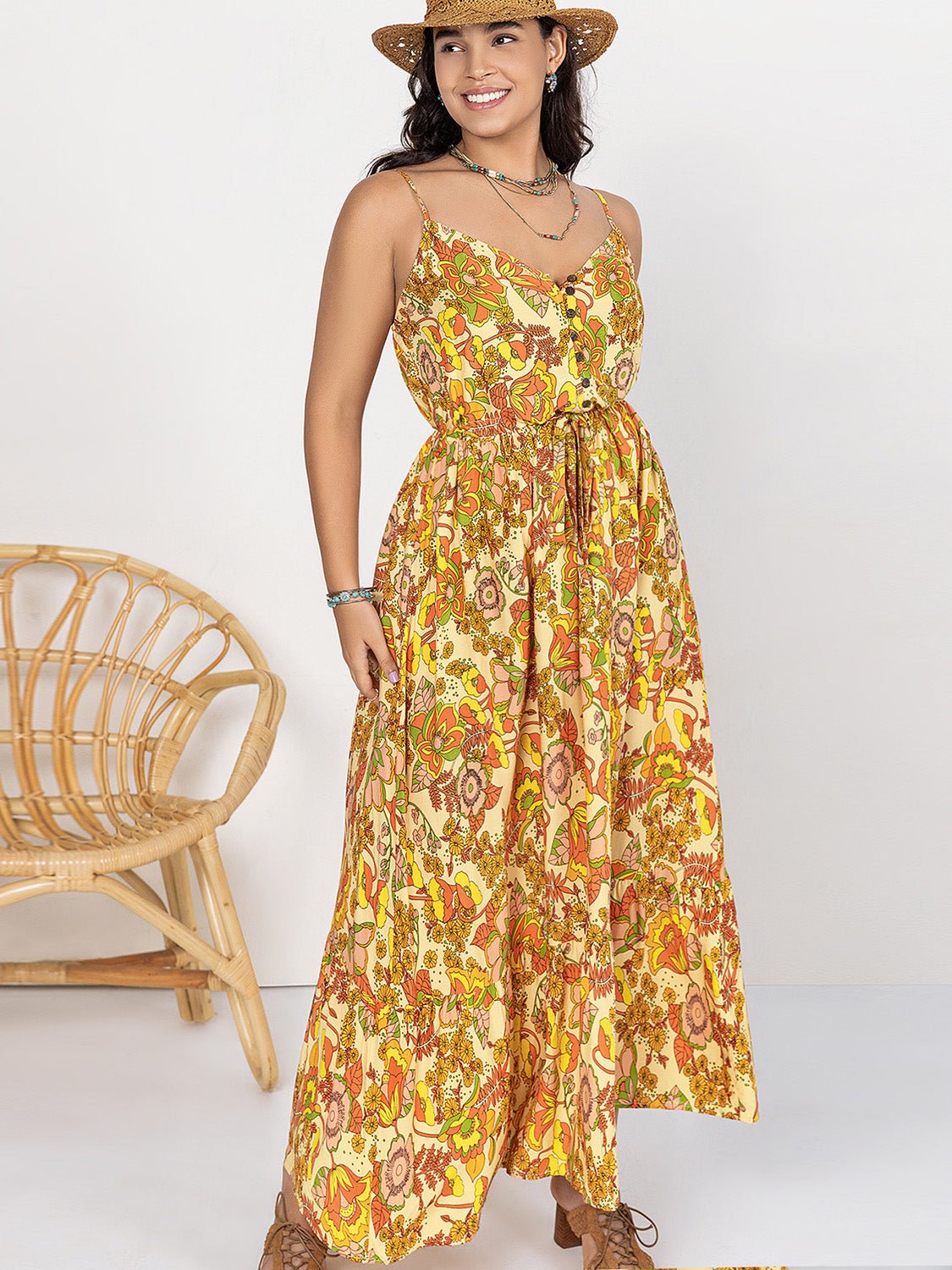 Plus Size Printed V - Neck Maxi Cami Dress - Flip Flop Dynasty