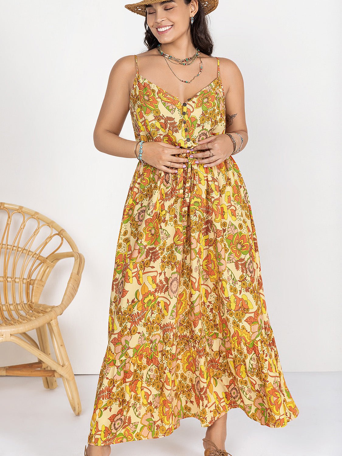 Plus Size Printed V - Neck Maxi Cami Dress - Flip Flop Dynasty