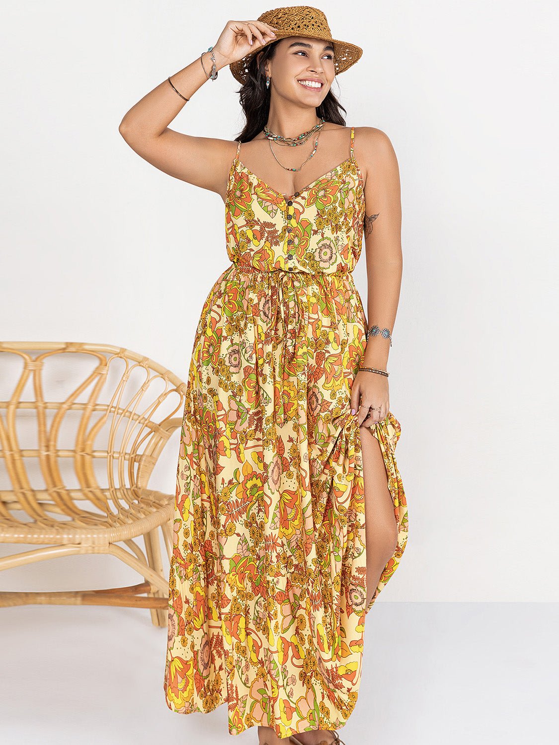 Plus Size Printed V - Neck Maxi Cami Dress - Flip Flop Dynasty
