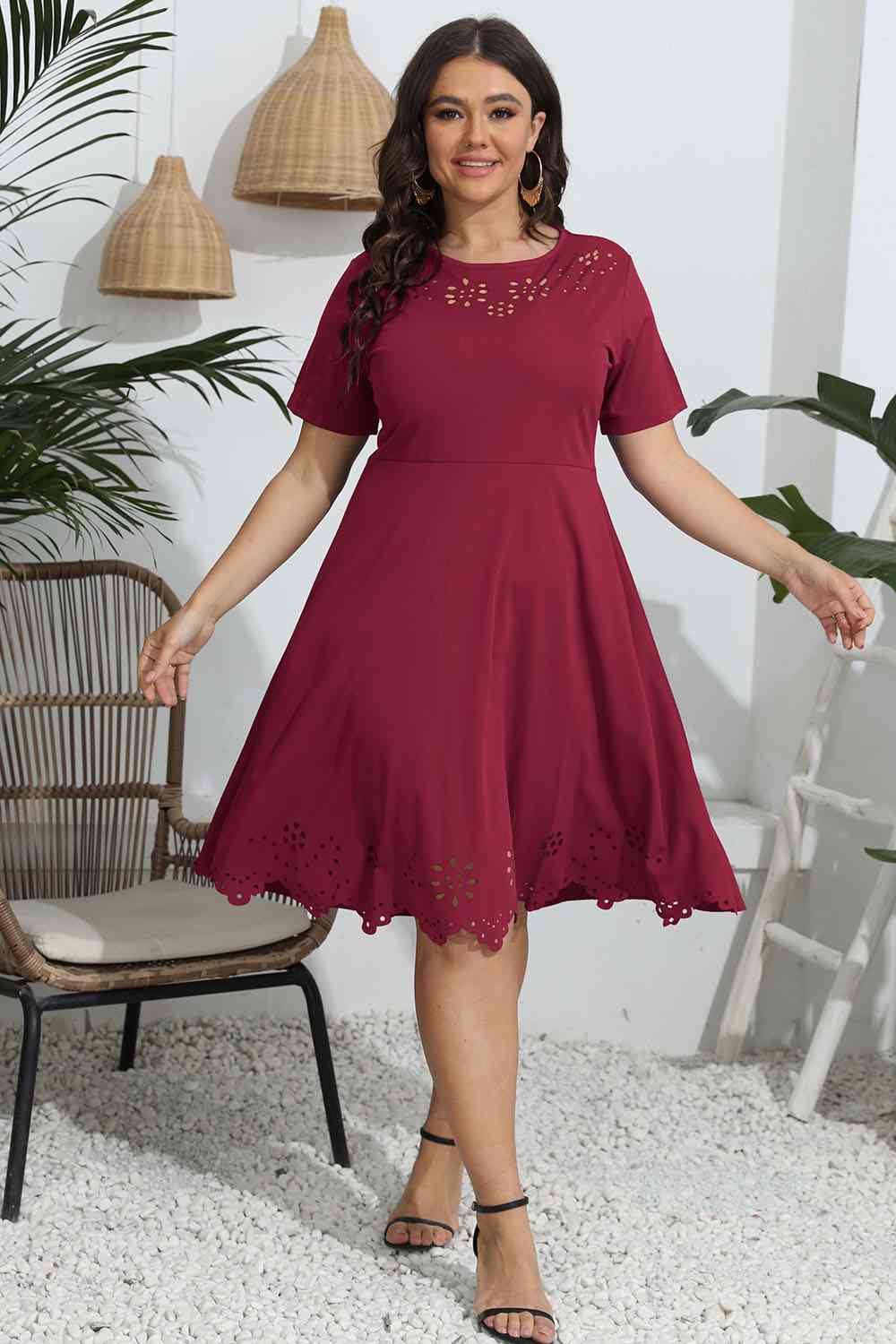 Plus Size Round Neck Openwork Dress - Flip Flop Dynasty