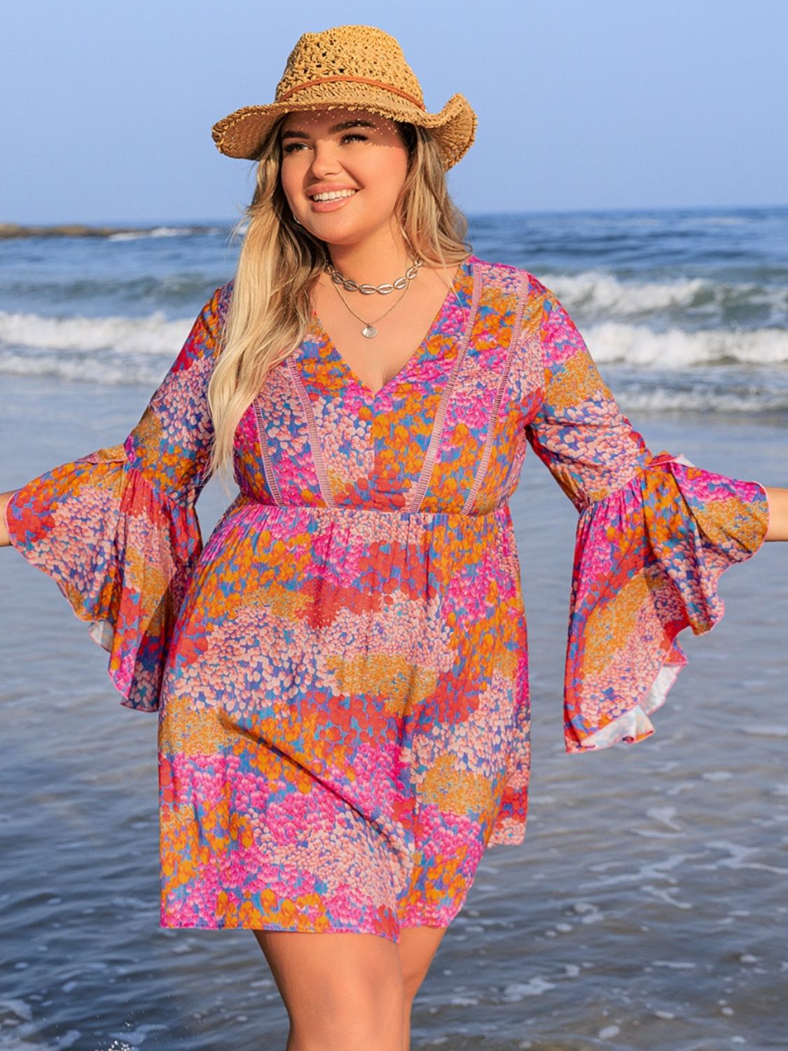 Plus Size Ruched Printed Long Sleeve Dress - Flip Flop Dynasty
