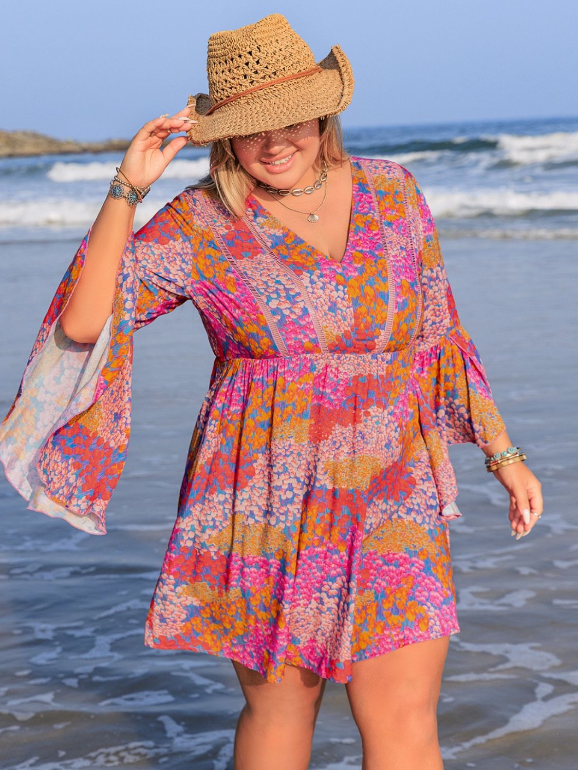 Plus Size Ruched Printed Long Sleeve Dress - Flip Flop Dynasty