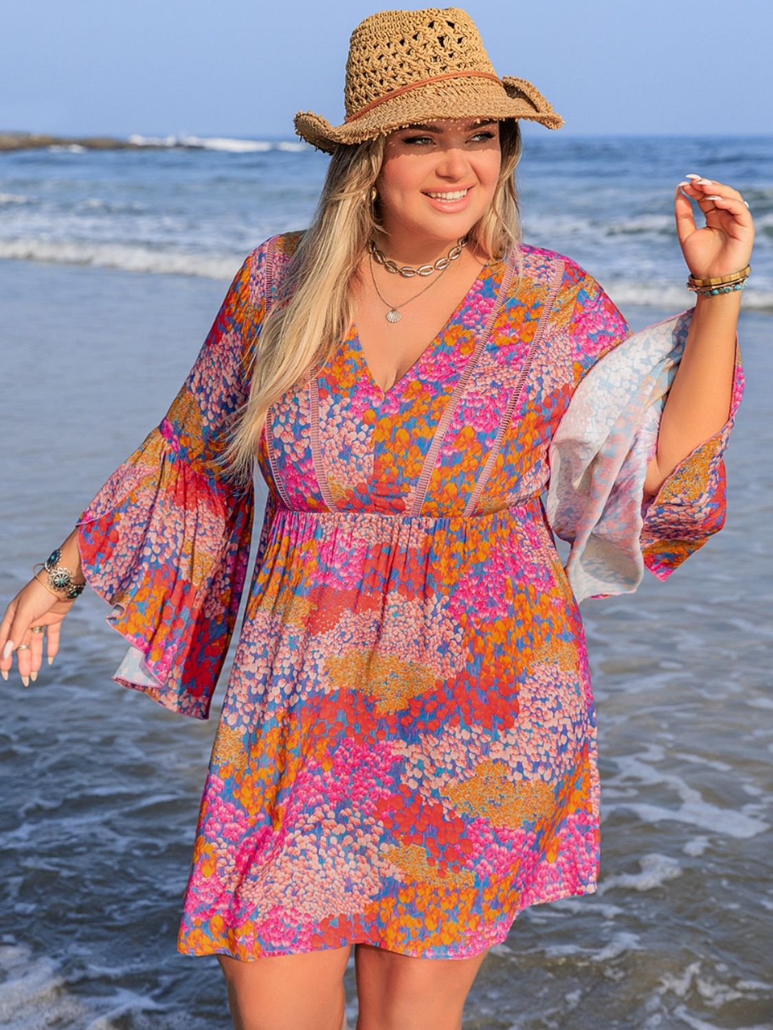 Plus Size Ruched Printed Long Sleeve Dress - Flip Flop Dynasty