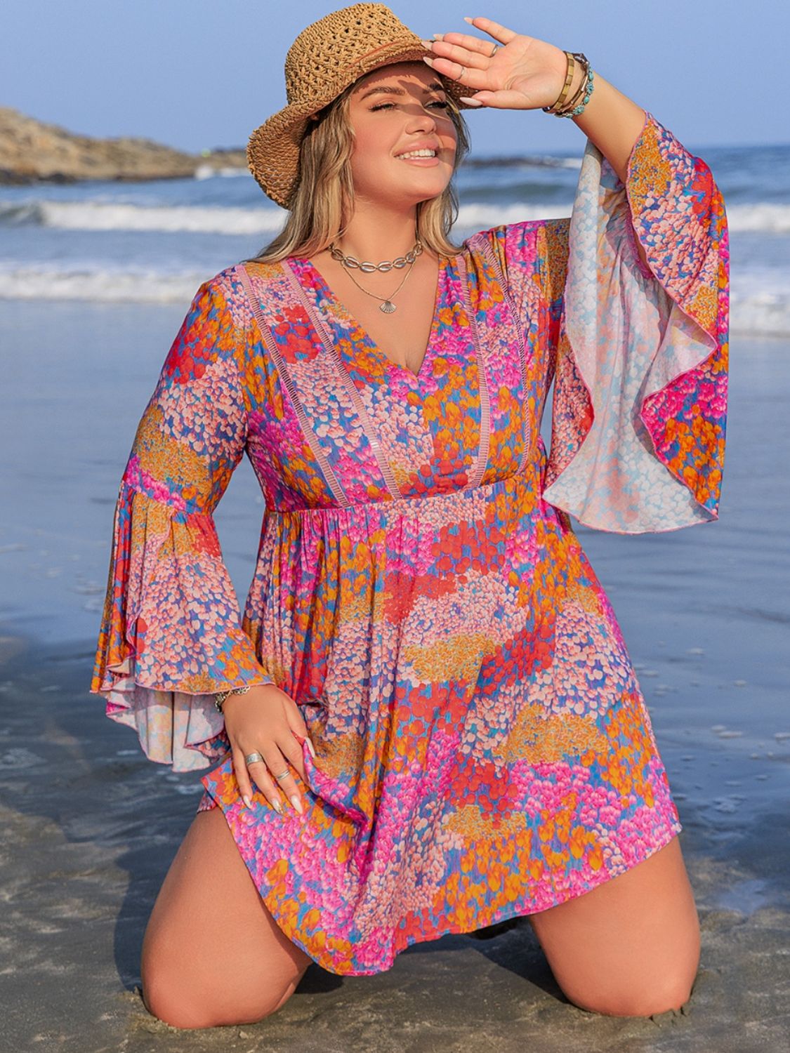 Plus Size Ruched Printed Long Sleeve Dress - Flip Flop Dynasty