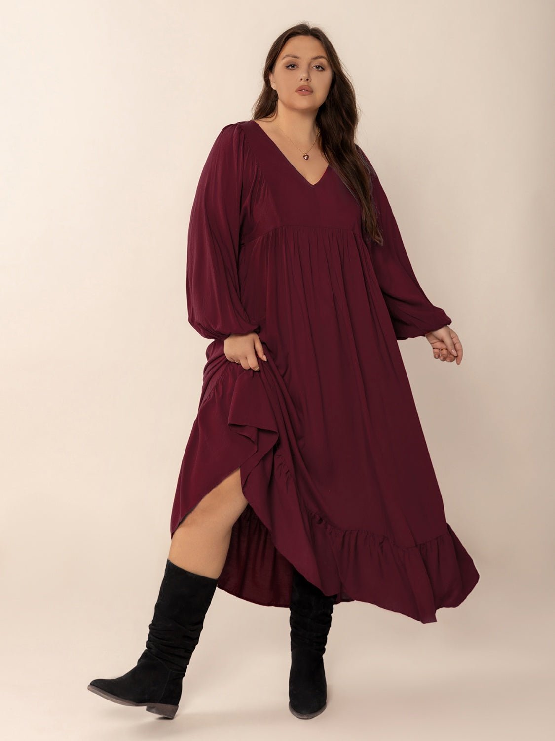 Plus Size Ruffled Hem V - Neck Balloon Sleeve Dress - Flip Flop Dynasty