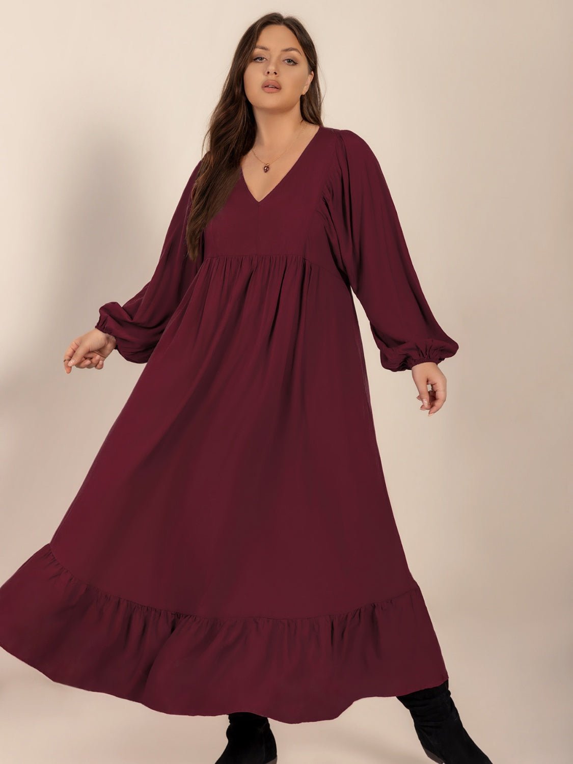 Plus Size Ruffled Hem V - Neck Balloon Sleeve Dress - Flip Flop Dynasty