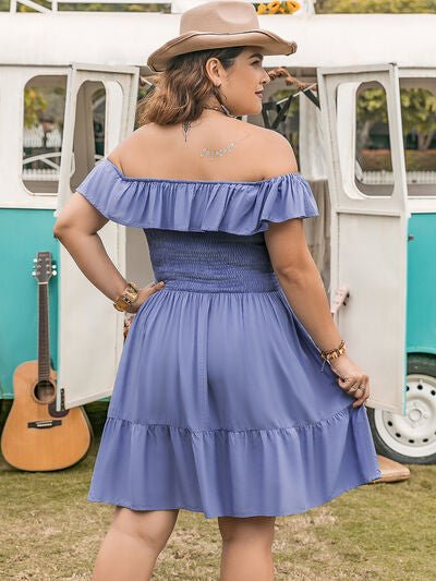 Plus Size Ruffled Smocked Off - Shoulder Mini Dress - Flip Flop Dynasty